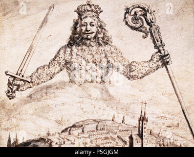 N/A. Tuschezeichnung auf Manuskript von Thomas Hobbes zu Charles II. 1651. Wenzel Hollar oder (eher) Abraham Bosse. 471 Zeichnung der frontispiz von Leviathan Stockfoto