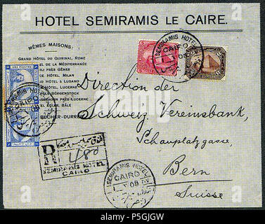 N/A. Français: Imprimé de l'Hotel Sémiramis, Le Caire. Envoi enregistré Vers la Suisse. Klangfarben Egypte 1 piastre Paire (1884), 1 m und 5 m (1888). Menge 2571 700 FS vendu en 2000 (Sammlung Cihangir). 1. Mai 1908 (Scan 2017-09-29). Post von Ägypten 32 1908 1 Pi1 m&amp; 5 m Ägypten Semiramis Hotel Kairo Bern G 54-58-63 Stockfoto