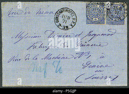 N/A. Français: Couvert de Konstantinopel vers Genève, affranchi 4 Groschen NDPB, poste Allemande. Michel N° 17. Menge 3026 vendu 1.400 FS En 2000. 11. August 1871 (2017-10-05). Deutsche Post in der Türkei 30 1871 2 Gr. NDP Constantinopel NPA Suisse Mi, 17. Stockfoto