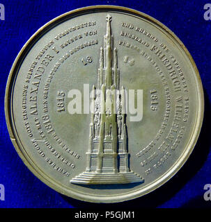 N/A. Englisch: Berlin, Medaille 1818, Alexander I. von Russland, und Friedrich Wilhelm III. von Preußen. Versilberte Bronze Medaille d. = 50 mm Der mit der Grundsteinlegung für das Preußische Nationaldenkmal für die Befreiungskriege gegen Napoleon. Friedrich Wilhelm III. von Preußen 1797-1840, und Alexander I. von Russland 1801-1825 2 verbundene Köpfe, um: "Alexander I. FRIED WILHELM III/4 Linien um das Denkmal auf dem Kreuzberg Hill im Victoria Park: 'DANKBAR GEGEN GOTT EINGEDENK SEINER TREUEN VERBUNDETEN UND EHREND STERBEN TAPFERKEIT WADEN VOLKES LEGTE IN GEMEINSCHAFT MIT ALEX Stockfoto