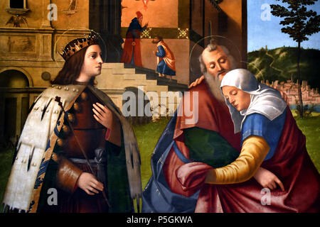 Incontro di Gioacchino e Anna con San Luigi IX e Santa Libera - Treffen von Joachim und Anna mit Saint Louis IX und Saint Libera, Italien, Italienisch, (Louis IX, allgemein bekannt als Saint Louis, war König von Frankreich 1214-1270) Vittore Carpaccio (Venedig 1460-1526) Italien Italienisch Stockfoto