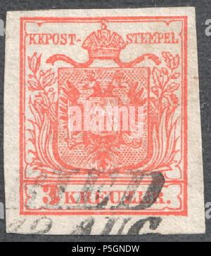 N/A. Englisch: Österreich 1850 3 Kr, Typ Ia hand Papier. Postmarked Ried. English: Österreich 1850 3 Kreuzer, Typ Ia1 Handpapier. RIED. Ferchenbauer Stempel: 1850 3 Ia 1 carmine Müller Poststempel: 2362 eine Art IL-I (5). 1850. Post von Österreich 153 Österreich 1850 3 Kr Ia RIED Stockfoto