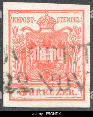 N/A. Englisch: Österreich 1850 3 Kr, drucken Sie zuerst Typ Ia hand Papier. Papier 0,12-0.13 mm. English: Österreich 1850 3 Kreuzer, Erstdruck, Typ Ia Handpapier, Papier 0,12-0.13 mm. 1850. Post von Österreich 153 Österreich 1850 3 Kr Ia zuerst drucken Stockfoto