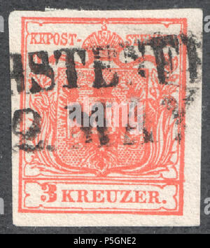 N/A. Englisch: Österreich 1850 3 Kr Ia zuerst drucken 0,12 mm. "FÜRSTENFELD" abgestempelt wurden. English: Österreich 1850 3 Kreuzer, Erstdruck, Typ Ia Handpapier 0,12 mm. "FÜRSTENFELD". Müller poststempel: 744 ein Typ RL-R (8). 1850. Post von Österreich 153 Österreich 1850 3 Kr Ia zuerst drucken 0,12 Stockfoto