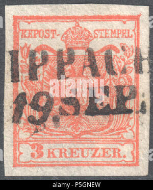 N/A. Englisch: Österreich 1850 3 Kreuzer, Typ Ia hand Papier, poststempel (W) IPPACH / 19 SEP. English: Österreich 1850 3 Kreuzer, Typ Ia Handpapier. (W) IPPACH / 19 SEP. Müller Poststempel: 3258 eine Art RL-R (25). 1850. Post von Österreich 153 Österreich 1850 3 Kr Ia WIPPACH Stockfoto