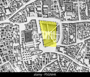 N/A. Englisch: Lage (gelb markiert) Der 1969-1970 archäologische Ausgrabungen am Vrijthof, Maastricht, Niederlande. Auf der Grundlage einer 1749 Karte von französischen militärischen Ingenieurs Jean-Baptiste Larcher d'Aubencourt, die Maquette von Maastricht zu errichten. Vom 9. Juli 2016, 23:01:55. Jean-Baptiste Larcher d'Aubencourt, 1749 23 1749 Vrijthofopgravingen LarcherDAubencourt, 15. Stockfoto