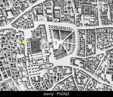 N/A. Englisch: Lage (gelb markiert) eines 1982 archäologische an Sint Servaasklooster, Maastricht, Niederlande. Auf der Grundlage einer 1749 Karte von französischen militärischen Ingenieurs Jean-Baptiste Larcher d'Aubencourt, die Maquette von Maastricht zu errichten. Vom 9. Juli 2016, 23:01:56. Jean-Baptiste Larcher d'Aubencourt, 1749 23 1749 Vrijthofopgravingen LarcherDAubencourt, 22. Stockfoto