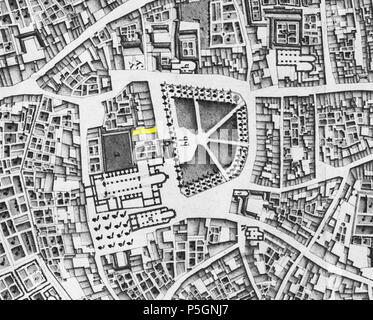 N/A. Englisch: Lage (gelb markiert) Der 1983 archäologische Beobachtungen am Vrijthof 27, Maastricht, Niederlande. Auf der Grundlage einer 1749 Karte von französischen militärischen Ingenieurs Jean-Baptiste Larcher d'Aubencourt, die Maquette von Maastricht zu errichten. Vom 9. Juli 2016, 23:01:56. Jean-Baptiste Larcher d'Aubencourt, 1749 23 1749 Vrijthofopgravingen LarcherDAubencourt, 23. Stockfoto