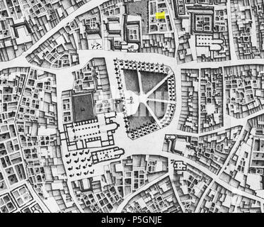 N/A. Englisch: Lage (gelb markiert) Der 1998 archäologische Ausgrabungen bei helmstraat 8, in der Nähe des Vrijthof, Maastricht, Niederlande. Auf der Grundlage einer 1749 Karte von französischen militärischen Ingenieurs Jean-Baptiste Larcher d'Aubencourt, die Maquette von Maastricht zu errichten. Vom 9. Juli 2016, 23:01:57. Jean-Baptiste Larcher d'Aubencourt, 1749 23 1749 Vrijthofopgravingen LarcherDAubencourt, 30. Stockfoto