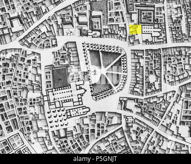 N/A. Englisch: Lage (gelb markiert) Der 2005 archäologische Ausgrabungen bei Dominicanenplein, in der Nähe des Vrijthof, Maastricht, Niederlande. Auf der Grundlage einer 1749 Karte von französischen militärischen Ingenieurs Jean-Baptiste Larcher d'Aubencourt, die Maquette von Maastricht zu errichten. Vom 9. Juli 2016, 23:01:58. Jean-Baptiste Larcher d'Aubencourt, 1749 23 1749 Vrijthofopgravingen LarcherDAubencourt, 35 Stockfoto