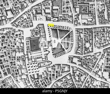 N/A. Englisch: Lage (gelb markiert) der archäologische Ausgrabung 2003 von der nordwestlichen Ecke der Vrijthof, Maastricht, Niederlande. Auf der Grundlage einer 1749 Karte von französischen militärischen Ingenieurs Jean-Baptiste Larcher d'Aubencourt, die Maquette von Maastricht zu errichten. Vom 9. Juli 2016, 23:01:58. Jean-Baptiste Larcher d'Aubencourt, 1749 23 1749 Vrijthofopgravingen LarcherDAubencourt, 34 Stockfoto