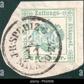 N/A. Englisch: Österreich 1853 Ferchenbauer Typ Ia blau grün mit knappen Lombardy-Venice Poststempel der Post Zeitung Abschnitt "I.R. SPEDIZ (IONE) GAZZ (ETTE) MILANO". Müller poststempel: 362 Typ RS-w. 1853. Post des österreichischen Kaiserreiches 153 Österreich 1853 Ia blau grün MILANO Stockfoto