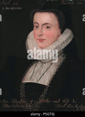 N/A. Englisch: Anne Blythe (1536-1615), Ehefrau von Peter Osborn Öl auf Leinwand 53,3 x 40 cm 1580 eingeschrieben, l.: 44 Jahre/L. DE. HEERE. inscrilbed t.r.: Gemalt 1580 b eingeschrieben.: Ann Tochter von Blythe und Frau/Peter Osborn Esq. Starb 1615 im Alter von 79. 1580. Englisch Schule des 16. Jahrhunderts 105 Anne Blythe (1536-1615), englischer Schule des 16. Jahrhunderts Stockfoto