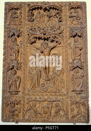 392 Kreuzigung mit der Jungfrau Maria und der hl. Johannes, Heiligen und Engel Holding, den Schleier von Veronica, wahrscheinlich eine Hütte Tür, Deutsch, späten 1400s, Holz - Princeton University Art Museum - DSC 06744 Stockfoto