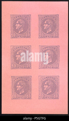 N/A. Englisch: Belgien 1865-1866 10 c Leopold I. Essays von Charles Wiener. Blatt 6, violett auf rosa Papier, ungummed. zwischen 1865 und 1866. Charles Wiener 184 Belgien 1865-1866 10 c Leopold I. Essays von Charles Wiener lila Stockfoto