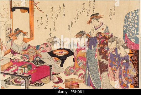 N/A. Englisch: Die kurtisanen Hinazuru und Chzan des Chjiya Bordell in der yoshiwara, von ihren Begleitern aus der Serie ein Kompendium der neuen Schönheiten der Yoshiwara gespiegelt in ihren Schreiben durch Kitao Masanobu, Holzschnitt, Honolulu Museum der Kunst begleitet. Sant Kyden (1761-1816) Alternative Namen: Kitao Masanobu (Pseudonym); Geburt Name: Samuru Iwase (); Kyya Denz () Beschreibung japanischen Dichter und Schriftsteller Geburtsdatum / Tod 13. September 1761 27. Oktober 1816 Ort der Geburt Kiba Arbeit Periode Edo periode Authority control: Q 938347 VIAF: 59133304 ISNI: 0000 0000 8137 93 Stockfoto