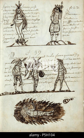 N/A. Français: Codex canadensis, s. 22 Abb. 38 Abbildung dune femme Hebeln/a la guerre Eine qui auf avoit arraché/avec Les dans toutes les ongles/Je legen veue Brulé dans le/bour de toniotogéhaga/Durant 6 heures/Anhänger/lesquelles auf lescorcha ein Petit feu Elle/fut mangée en partie par les/Irokesen et par leurs/chiens Boureau/volontaire/qui soffre volontier/Gießen bruler souffrir et/faire/Les prisonniers de guerre Abb. 39 Medecins qui se masquent de La facon Quon voit Eisigen pour En dansant chantan et au Tour d'un malade/que je represante au Bas de cette page couché tout/nu Stockfoto