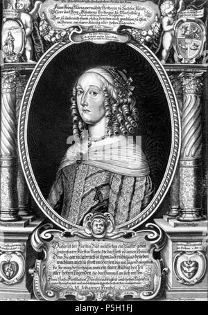 N/A. English: Anna Maria von Mecklenburg-Schwerin, Herzogin von Sachsen-Wei SSenfels. 1654. Johann Dürr (1600 - 1663) Alternative Namen Augustanus Beschreibung deutscher Graveur Geburtsdatum / Tod 1600 vom 16. Juni 1663 Ort der Geburt / Tod Augsburg Weimar Standort Weimar; Leipzig; Erfurt Authority control: Q 1693275 VIAF: 77206676 ISNI: 0000 0000 5340 5299 GND: 122834585 SELIBR: 210092 104 Anna Maria von Mecklenburg-Schwerin Stockfoto