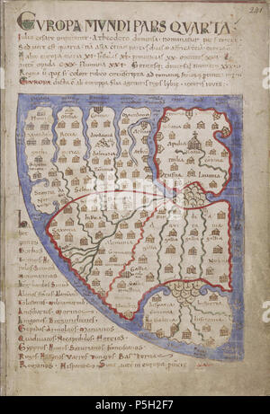 N/A. Latein: Europa mundi pars Quarta. Galego: Mapa de Europa tun Liber Floridus de Lambert de Saint-Omer, Dun da Bilioteca manuscrito de Gand, Bélxica Englisch: Chorographic Karte von Europa aus der T&O Weltkarte in Lambert Liber Floridus, von der Universität Gent kopieren. In Lateinamerika, mit dem Osten oben. ca. 1120. Lambert de l'Etang 14 1125 Lambert de Saint Omer Liber Floridus (Europa Mundi Pars Quarta) Stockfoto