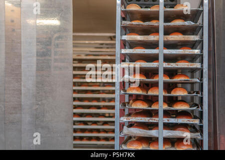 Frisch gebackene Brötchen im Regal eines Bäckers Trolley beim Bäcker. Stockfoto