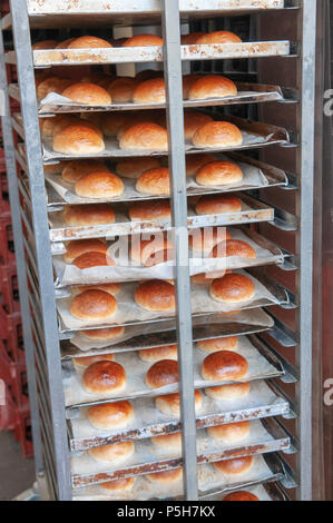 Frisch gebackene Brötchen im Regal eines Bäckers Trolley beim Bäcker. Stockfoto