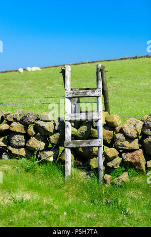 Eine hölzerne Stil über einen trockenen Stein Mauer und Stacheldraht, County Antrim, Nordirland. Stockfoto