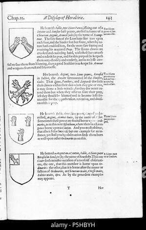 N/A. Englisch: Ein Bild von Seite 143 "eine Anzeige der Heraldrie", einem frühen Text Explizieren, das System der Heraldik, geschrieben von John Grullin, und in London im Jahre 1611 veröffentlicht. Mit freundlicher Genehmigung der Beinecke Rare Book and Manuscript Library, Yale University. 1611. John Gruillin 43 eine Anzeige der Heraldrie frühen Text auf Heraldik in London 1611 gedruckt Stockfoto