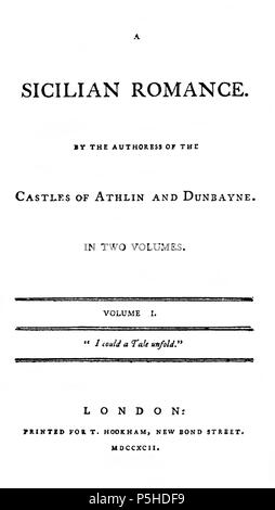 N/A. Englisch: Erste ed Titel pg eines sizilianischen Romanze von Radcliffe. 1792. Radcliffe/T. 46 Hookham eine sizilianische Romanze Stockfoto