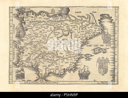 N/A. Español: Mapa Moderno ('tabula Nova') de la península Ibérica Publicado en 1499. Reproducido de un Marco conservado en el Archivo Histórico Municipal de Mérida. La toponimia está en latín y en italiano. El Escudo de Armas es el de los Reyes Católicos pero con la peculiaridad de mostrar Las Armas de Aragón-Sicilia y León invertidas respecto a la representación más Gewohnheit. Fuente: Carmen Manso Porto, 'El Mapa de España en época de los Reyes Católicos", Revista de Estudios Kolumbus verbundenen, 11, Oct 2015. 1499. Español: Desconocido, probablemente residente en alguna ciudad Italiana Stockfoto