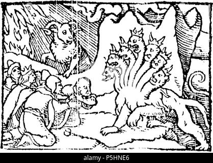 N/A. Englisch: Und ich an den Sand des Meeres und sah ein Tier aus dem Meer steigen, das hatte sieben Häupter und zehn Hörner (Offenbarung 13:1); "Und ich sah ein anderes Tier aufsteigen aus der Erde; das hatte zwei Hörner wie ein Lamm." (Offenbarung 13:11). 1545. John Bale 17 1545 Ballen Offenbarung Kapitel 13. Stockfoto