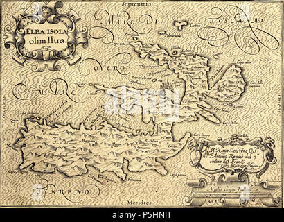 N/A. Latein: Elba isola olim Ilva Insel Elba, einmal Ilva. um 1600. Fabio Di Gio. Ant. Magini 18 1595. Giovannantonio Magini Stockfoto