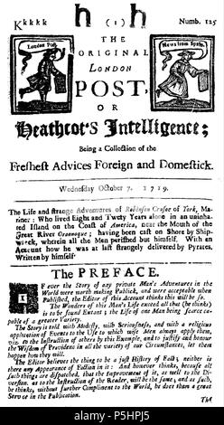 N/A. Englisch: Erste Seite der Zeitung Ausgabe von Heahtcot's Intelligence 1719. 1719. Daniel Defoe (1660 - 1731) Alternative Namen Daniel Foe Beschreibung der britische Schriftsteller Geburtsdatum / Tod ca. 13. September 1660 24. April 1731 Ort der Geburt / Todes Cripplegate Moorfields Authority control: Q 40946 VIAF: 39375774 ISNI: 0000 0001 2347 8267 79053974 LCCN: n NLA: 35034550 MusicBrainz: 5160 f7d 4-4140-44c4-a84d-790a537 a9 e22 WorldCat 21 1719 - heathcot-Robinson- Crusoe Stockfoto