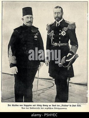 N/A. Englisch: Khedive Abbas II. von Ägypten und King George V an Bord der HMS Medina während einer Zwischenlandung auf Port Said im Dezember 1911. King George war Segeln in Indien offiziell verkündet werden, Kaiser von Indien Foto in einem deutschen Magazin veröffentlicht. Français: Le Khédive Abbas II. d'Égypte et le Roi Georges V à Bord du HMS Medina lors d'une Escale à Port Said en Dezember 1911. George V était en route pour l'Inde où Il allait être être proclamé Empereur des Indes. Foto Magazin publiée dans un Allemand. 1911. Unbekannt. Deutsche Zeitschrift 1911 51 Abbas II und George V an Bord der HMS Medina 1911 Stockfoto