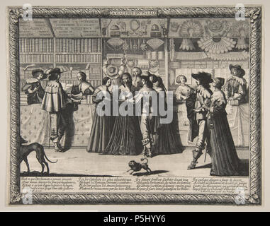 Englisch: Die Galerie der Palast der Justiz Français: La Galerie du Palais. Français: La Galerie du Palais de Justice était au XVIIe siècle, une Sorte de Grand magasin à la mode où, comme on le Voit sur cette estampe, La lingère côtoyait Le libraire et le Mercier l'orfèvre. Bosse montre ici trois Boutiquen, qui ne sind évidemment pas Beaufort au Hasard. La Librairie, à gauche, dont l'étal est drapé de Fleurs de lis, est Bien en fournie apparemment ouvrages de toute Sorte. Inscrits sur le Revers des volets de la boutique voisinent avec la Sainte Bible les noms de Cicéron, de Sénèque, de Pl Stockfoto