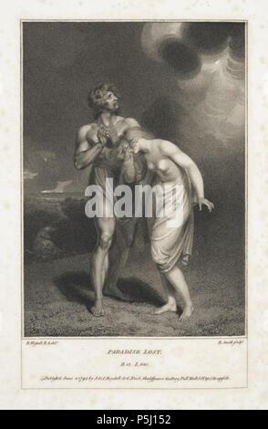 N/A. Englisch: Original Walze Gravur von "Das Leben von Milton: in drei Teilen. Zu denen hinzugefügt werden, Vermutungen über die Herkunft der Paradise Lost: mit einem Anhang. Von William Hayley, Esq." Vol. 1. Von Hayley, William (1745-1820). 1795. William Hayley (1745-1820), Benjamin Smith (1754-1833), Richard Westall (1765-1836) 58 Adam und Eva aus dem Paradies verbannt Stockfoto