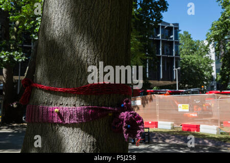 London, Großbritannien. Juni 2018. In den Euston Square Gardens werden weiterhin Arbeiten durchgeführt, bei denen ältere Londoner Plane, Red Oak, Common Lime, Common Whitebeam und Wild Service Bäume gefällt werden, um Platz für temporäre Baustellen und einen verdrängten Taxistand im Rahmen der Vorbereitungen für die HS2-Bahnlinie zu schaffen. Anwohner haben Strickbänder an den Bäumen angebracht, um gegen ihren geplanten Abschlag zu protestieren. Kredit: Mark Kerrison/Alamy Live Nachrichten Stockfoto