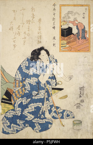 Imayo jūni Tokei toki Tatsunokoku, Künstler Gototei (Utagawa) Kunisada wie bekannt als Utagawa Toyokuni III (1786 - 1865). Mann bereitet das Frühstück für seine Frau. Stockfoto