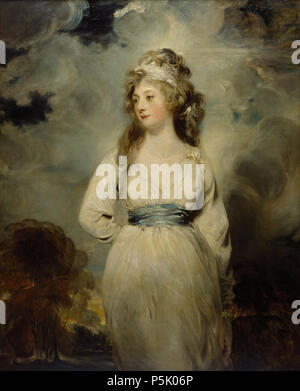 Ölmalerei auf Leinwand, Lady Amelia Anne Hobart, Viscountess Castlereagh, Marchesa von Londonderry (1772-1829), nach Sir Thomas Lawrence, PRA (Bristol 1769 ¿ London 1830). Ein drei - Viertel - Länge Porträt der Lady Amelia Hobart, Ehefrau von Robert, Viscount Castlereagh, später 2 Marquis von Londonderry (1769-1822). Sie in der Landschaft steht, mit Blick auf den Betrachter, den Kopf nach links gedreht, Ihre rechte Hand hinter ihrem Rücken und ihr durch Ihre Seite linken. Sie trägt ein weißes Kleid mit einem blauen Schärpe, und ein weißes Band im Haar. 26 WP Amelia Stewart, Marchesa von Londonderry Stockfoto