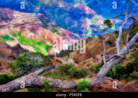 Wiamea Canyon und toter Baum. Koke'e State Park. Kauai, Hawaii Stockfoto