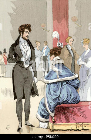 Dandyism in der Romantik ein Ballsaal im Jahr 1834. Der Herr trägt enganliegende Hose, die sind leichter als seinen Mantel. Die Hosen haben sowie Boot Riemen, erinnert an ein Englisch Reiten Kostüm. Er trägt eine kurze taillierte Jacke mit Basken (oder Tails) à l'Anglaise, oder mehr Schwänze. In seiner Hand, er trägt ein Haut-de-forme (oder top-hat). Er ist bekleidet eher düster und erinnert an den Geist der 'Spleen' in der Romantik. Die Frau vor dem Mann sitzend trägt einen Pelzbesatz blauen Kleid und eine weiße Feder im Haar. Abstract Quelle: Boucher, François. 20.000 Jahre Stockfoto