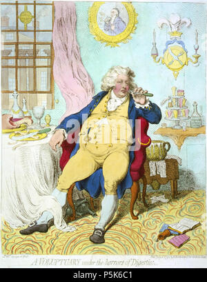 N/A. Englisch: voluptuary unter dem Schrecken der Verdauung Js. Gy. design et Fecit. Zusammenfassung: Karikatur von George IV, wie der Prinz von Wales, trägen mit Völlegefühl, zurückgelehnt in einem Sessel, an einem Tisch mit Resten der Mahlzeit, mit einer Gabel zum Mund. Die weste ist, die durch eine einzige Taste auf seinem gewölbten Bauch gehalten. Im Hintergrund, der Prinz von Wales' drei Straußenfedern Emblem ist oben ein Messer und Gabel auf einem Teller gekreuzt (anstelle eines Wappen). Das Bild hinter und über den Kopf des Prinzen ist von Luigi Cornaro, einem venezianischen Adligen, der schrieb Severa Stockfoto