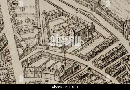 N/A. Nederlands: Fragment van een kaart van Gouda (Braun en Hogenberg). 1585. Frans Hogenberg (1538-1590) 69 Agnietenconvent Gouda Stockfoto