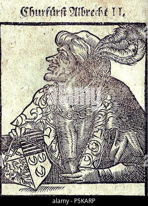 N/A. English: Albrecht II. von Sachsen-Wittenberg, Holzschnitt / Vorlagen der Ahnengalerie des Kurfürsten Friedrichs des Weisen im Schloss Wittenberg aus dem Jahre 1596 Balthasar Mencius/Menz erstellt. 1596. Balthasar Mencius/Menz 72 Albrecht 2 Sachsen Stockfoto