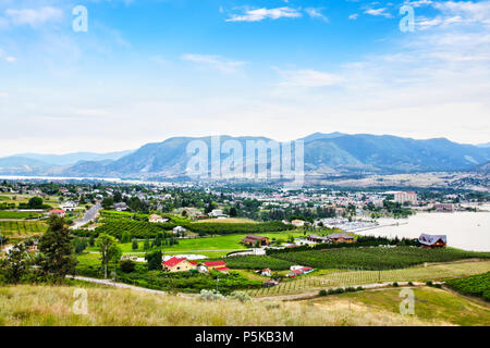 Luftaufnahme von zahlreichen Kelowna Weinberge rund um Lake Okanagan mit Bergen im Hintergrund. Kelowna ist für seine Weingüter und renommierten winemak Stockfoto