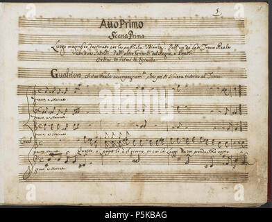 N/A. Englisch: erster Akt, erste Szene, der endgültigen Scarlattis Oper Griselda (1721). In eigener Hand des Komponisten. English: Manuskript von Scarlattis letzter Oper Griselda (1721). Zu sehen ist die Seite der1. Szene, 1. Akt. N/A 80 Alessandro Scarlatti - Griselda. (BL Hinzufügen MS 14168 w. 5 r) Erntegut Stockfoto