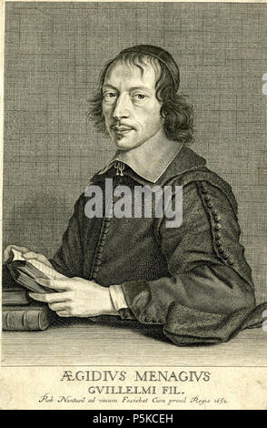 N/A. Deutsch: "aegidius Menagius Guillelmi fil.", Kupferstich von der Französischen grafikers Robert Nanteuil. Die Gravur ist ein Porträt der französische Gelehrte Gilles Ménage, gesehen sitzen an einem Tisch mit halber Länge und halten ein offenes Buch. 190 mm x 128 mm. Mit freundlicher Genehmigung des British Museum, London. 1652. Robert Nanteuil (1623 - 1678) Alternative Namen Nanteniell; de Nanteuil; Nantueil; Nanteuil; Nantwel Beschreibung französische Kupferstecher, Zeichner und Pastellist Datum der Geburt / Tod 1623 vom 9. Dezember 1678 Ort der Geburt / Todes Reims Paris arbeiten Ort: Frankreich Authority control: Q 1356084 VIAF: 61650 Stockfoto