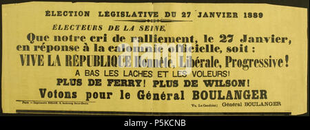 N/A. Français: Affiche boulangiste pour l'élection du 27 janvier 1889. Januar 1889. Unbekannt 64 Affiche Boulanger 1889-01-27 Stockfoto