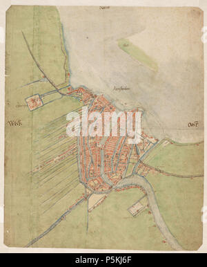 Karte von Amsterdam und Umgebung. Plattegrond van Amsterdam en omgeving. Plattegrond Eerste van Amsterdam in de Ware zin van het Woord. Gemaakt in opdracht van Filips II van Spanje. De oriëntatie op het noorden werd Pas in de 19e eeuw Weer op Amsterdamse plattegronden Nordworden toegepast. ca. 1560. N/A95 Amsterdam 1560 b Stockfoto