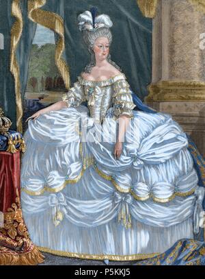 Marie Antoinette (1755-1793). Frau von Ludwig XVI. und Königin von Frankreich (1774-92). Seit dem Beginn der Französischen Revolution war die obere Vertreter des konservativen Adels. Am 16. Oktober 1793 wurde versucht, und verurteilt. Farbige Gravur. Stockfoto
