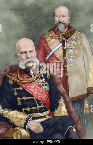 Franz Joseph I. von Österreich (1830-1916). Kaiser von Österreich und König von Ungarn und Ferdinand I. von Österreich (1861-1948). Kaiser von Österreich. Fotografie, 1908. Gefärbt. Stockfoto